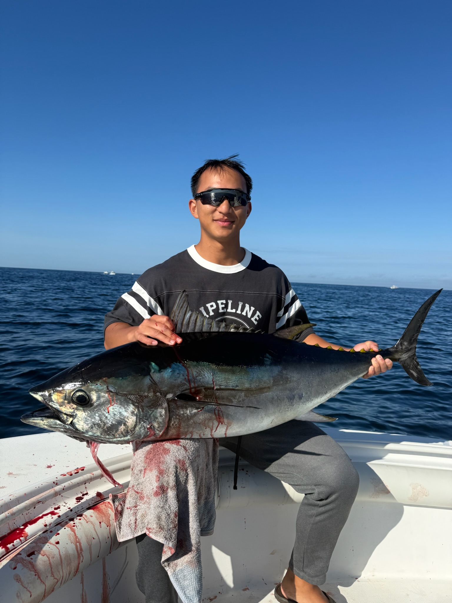 Angler holding bluefin tuna on boat